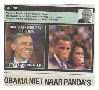 Voici la caricature raciste de Barack Obama et sa femme Michelle que le journal de gauche flamand De Morgen a publié dans son édition papier de samedi 22 mars, avant leur visite en Belgique